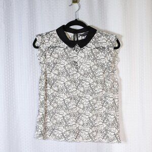 NWT Zara Woman Size L black/white lace short sleeve top w/black Peter Pan collar